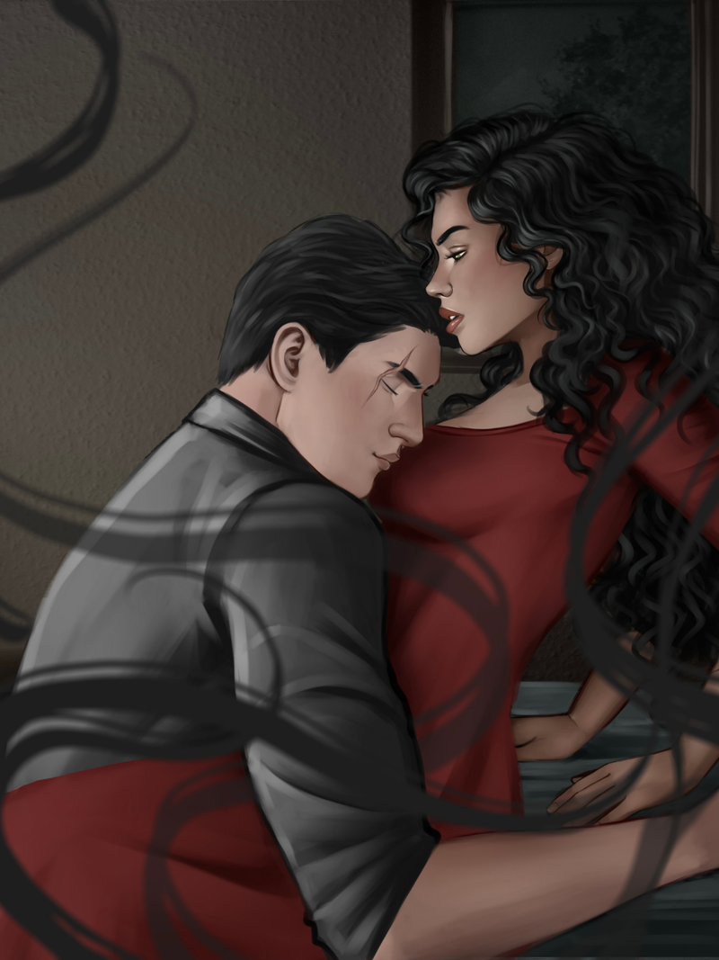 Illustration of a man and woman embracing with shadows cast over them