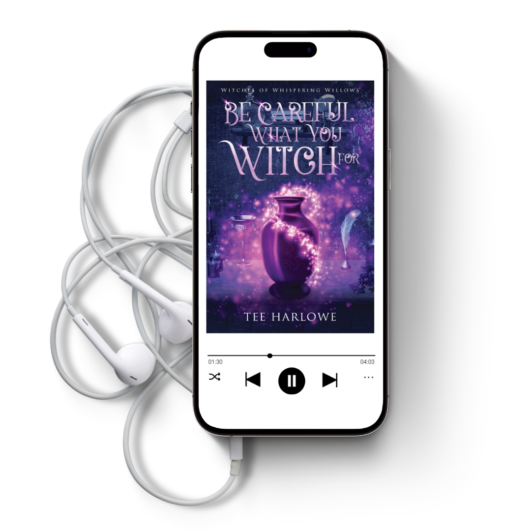 Phone displaying an audiobook cover with headphones on a white background