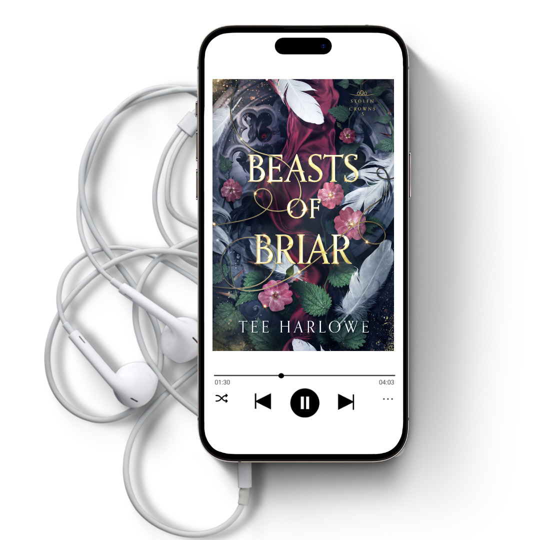 Phone displaying 'Beasts of Briar' on a white background with earphones.