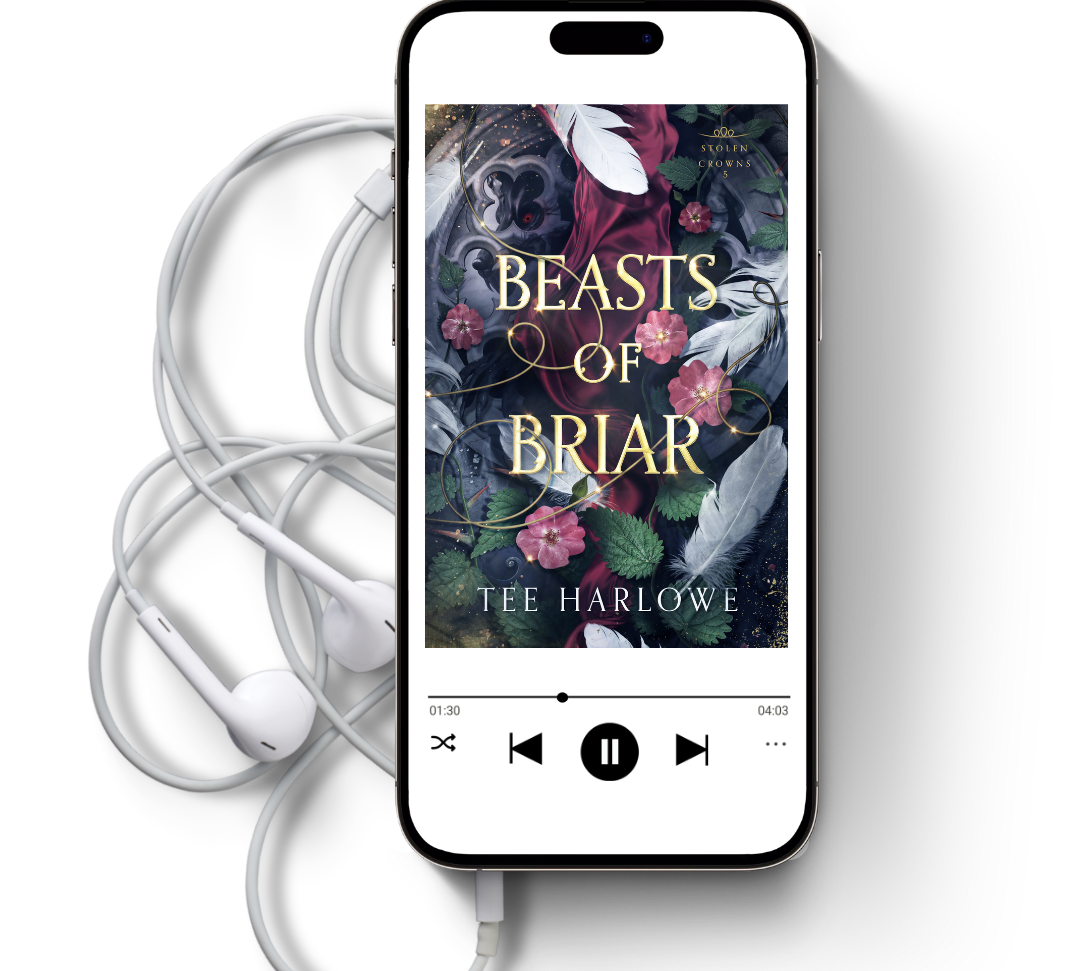 Phone displaying 'Beasts of Briar' on a white background with earphones.