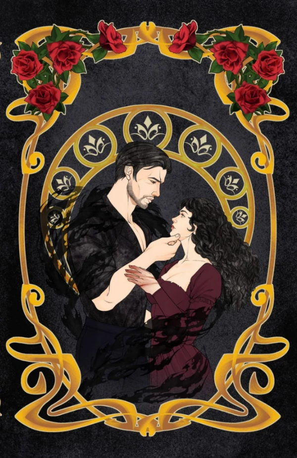 Artistic illustration of a couple embracing with red roses and gold frame on a black background