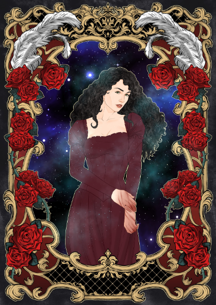 Artistic illustration of a woman in a red dress with angel wings and red roses in an ornate frame.