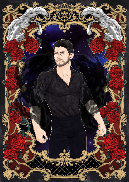 Man in black attire with wings and red roses in an ornate frame