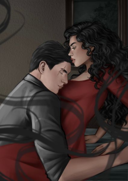 Illustration of a man and woman sitting close together, with a dark and moody atmosphere.