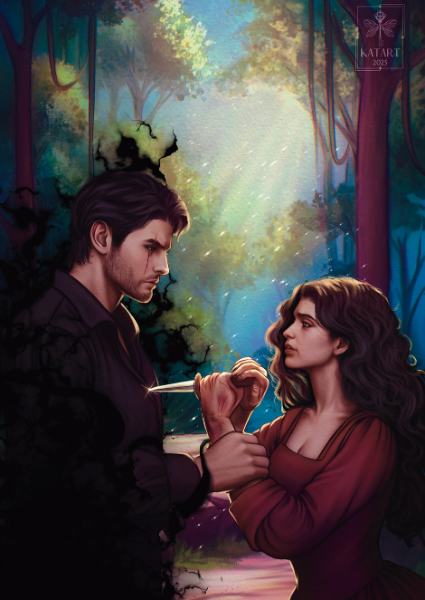Illustration of a man and woman in a fantasy setting with trees and a glowing light.