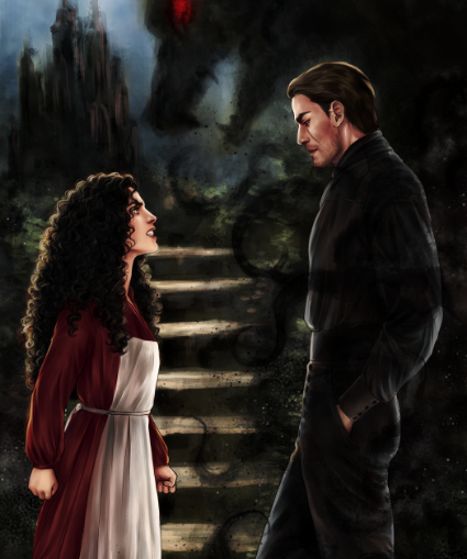 Two people standing on a staircase with a dark, mystical atmosphere