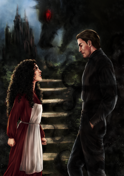 Two people standing on a staircase with a dark, mystical atmosphere