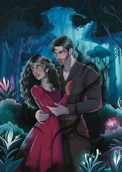 Illustration of a couple embracing in a mystical forest with glowing plants.