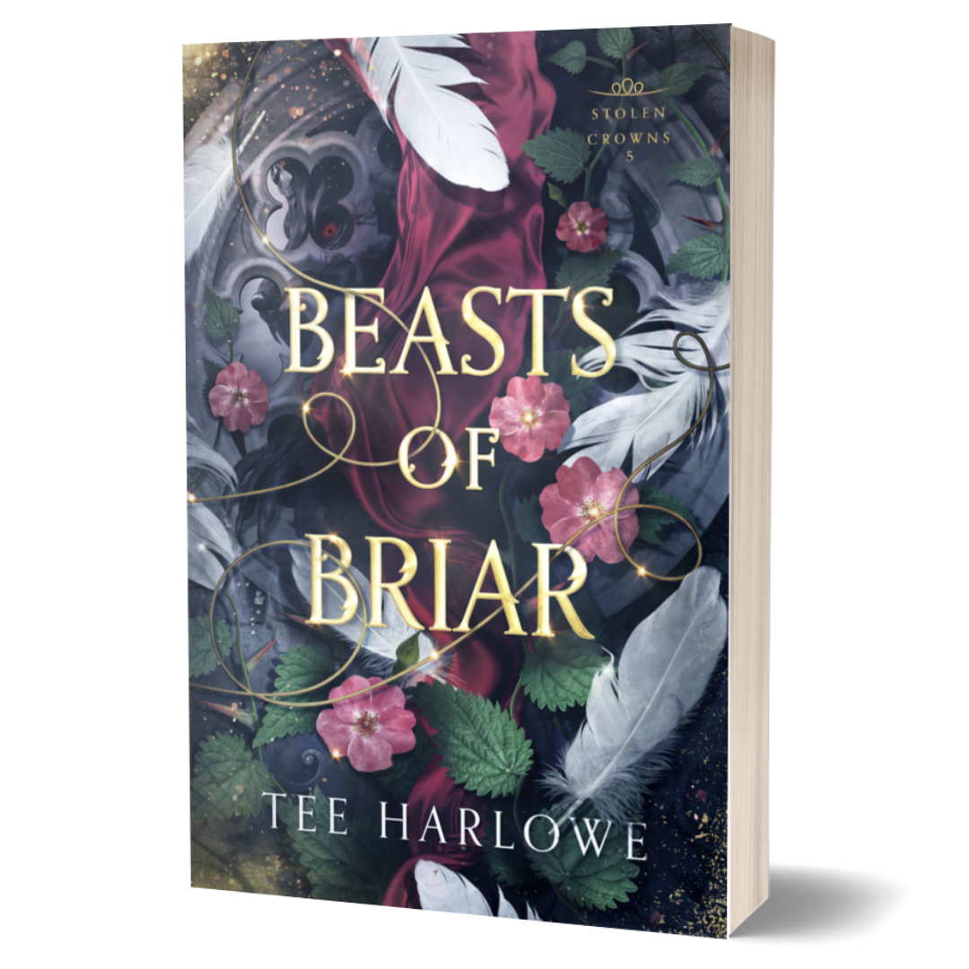 Book cover of 'Beasts of Briar' by Tee Harlowe with floral and feather design.