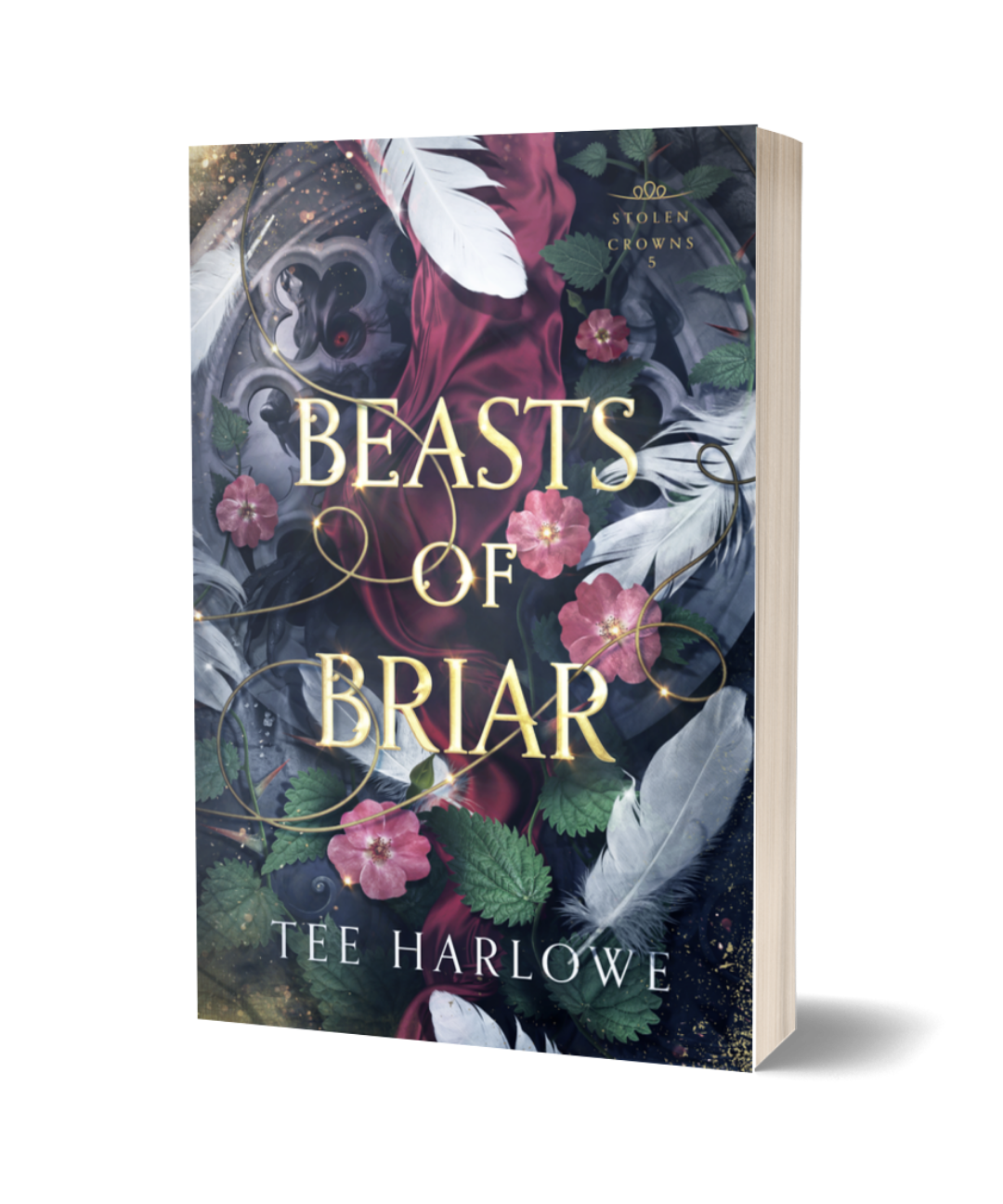 Book cover of 'Beasts of Briar' by Tee Harlowe with floral and feather design.