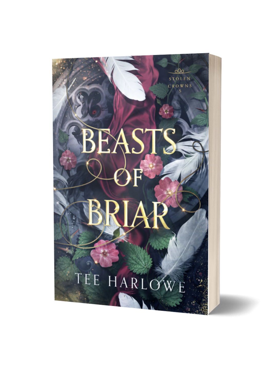 Book cover of 'Beasts of Briar' by Tee Harlowe with floral and feather design.