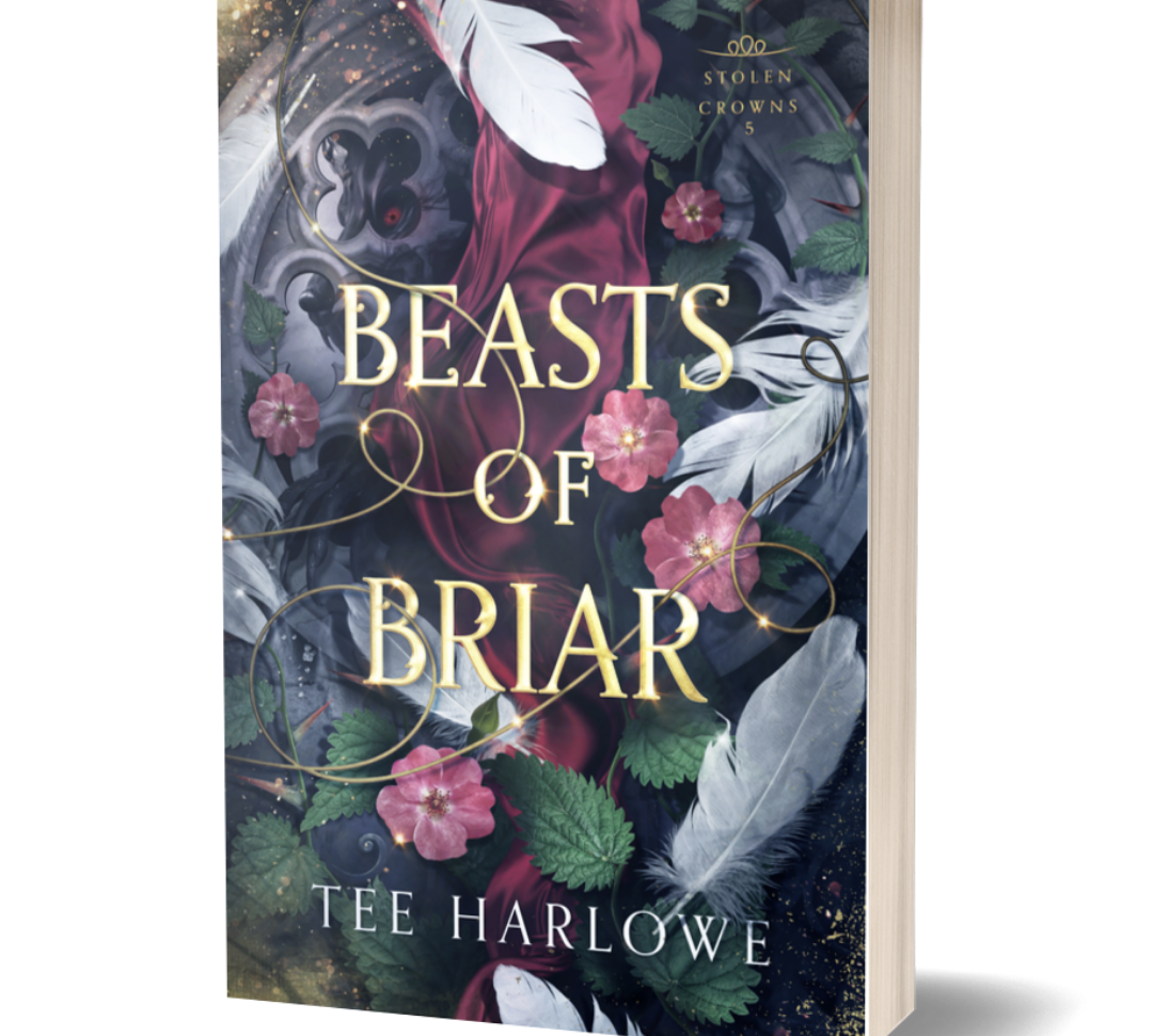 Book cover of 'Beasts of Briar' by Tee Harlowe with floral and feather design.