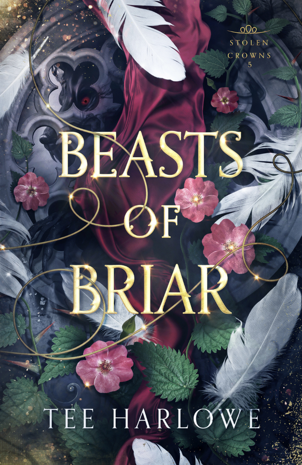 Book cover of 'Beasts of Briar' with floral and feather design