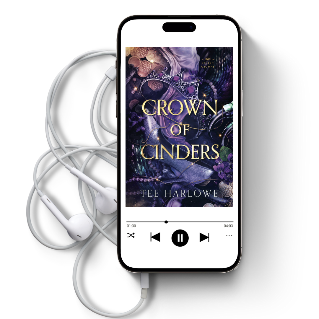 Phone displaying 'Crown of Cinders' by Tee Harlowe with earphones on a white background