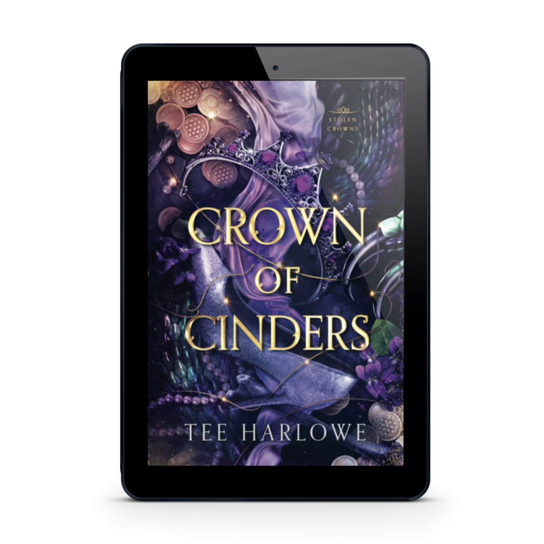 E-reader displaying the cover of 'Crown of Cinders' by Tee Harlowe on a white background