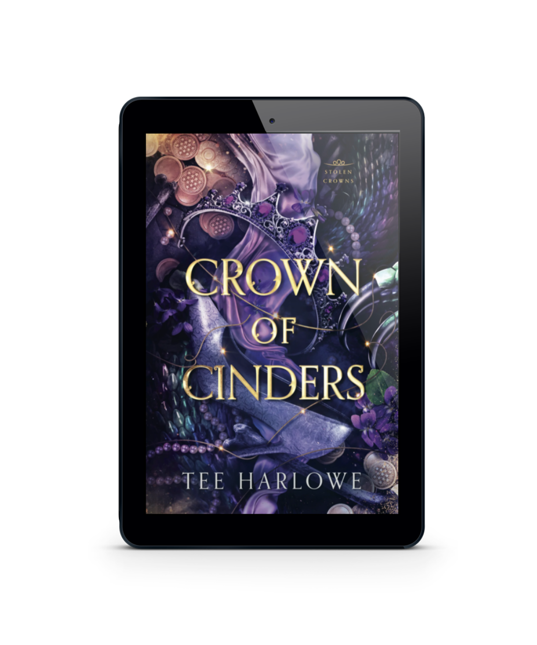 E-reader displaying the cover of 'Crown of Cinders' by Tee Harlowe on a white background