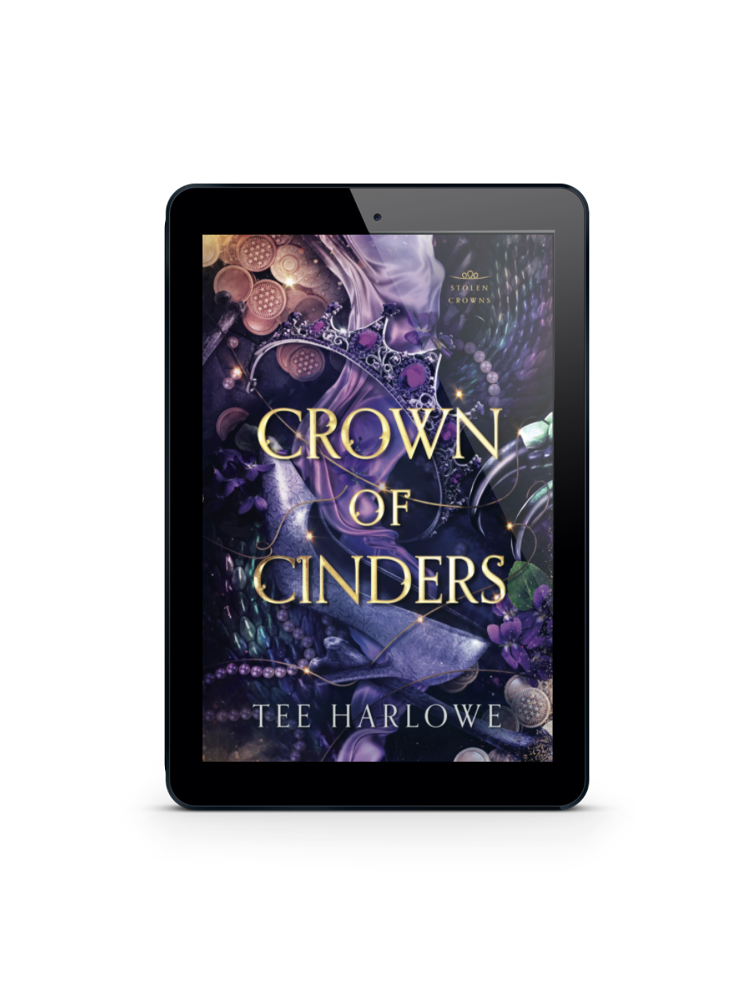 E-reader displaying the cover of 'Crown of Cinders' by Tee Harlowe on a white background