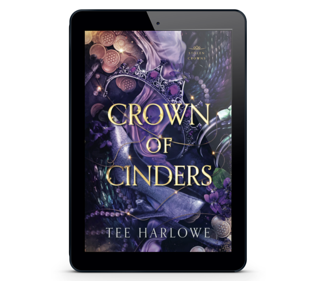 E-reader displaying the cover of 'Crown of Cinders' by Tee Harlowe on a white background
