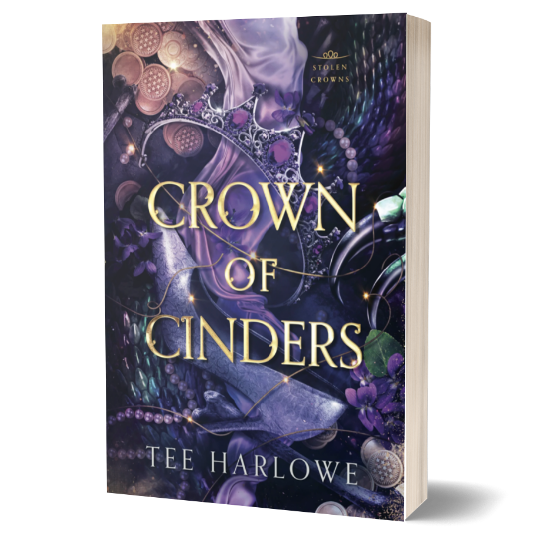 Book cover of 'Crown of Cinders' by Tee Harlowe with a purple and gold design.