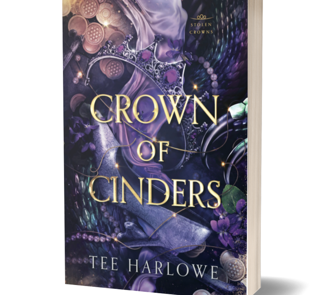 Book cover of 'Crown of Cinders' by Tee Harlowe with a purple and gold design.