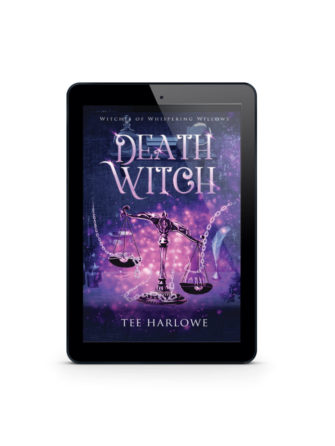 E-reader displaying the cover of 'Death Witch' by Tee Harlowe on a white background