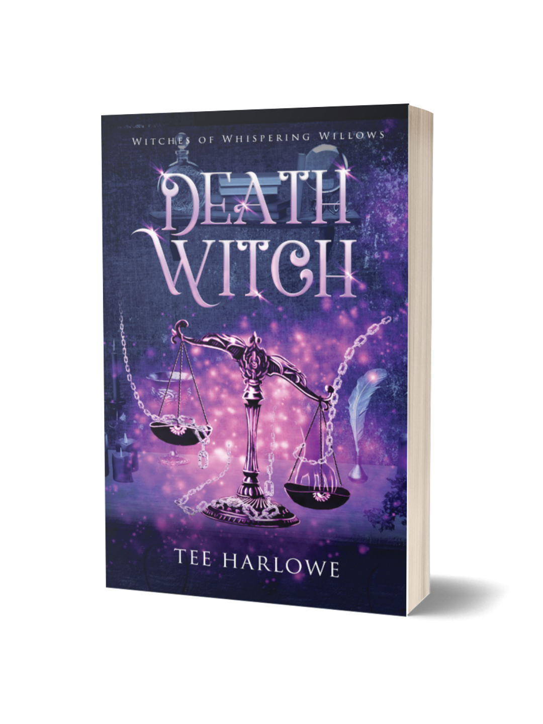 Book cover of 'Death Witch' by Tee Harlowe with a purple and blue color scheme.