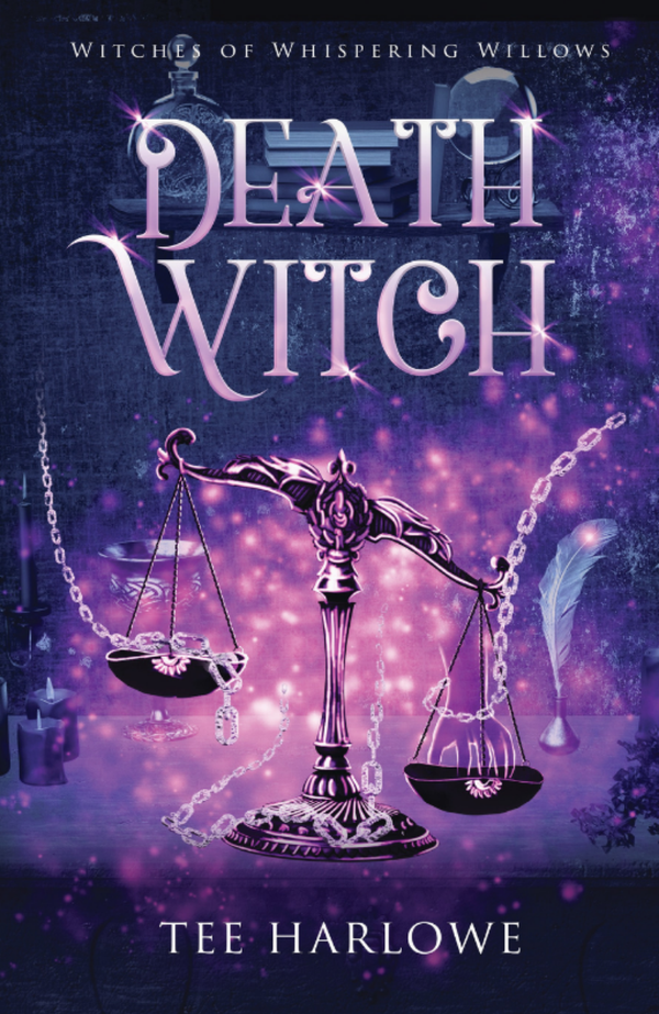 Book cover of 'Death Witch' with a witch holding scales against a purple background.
