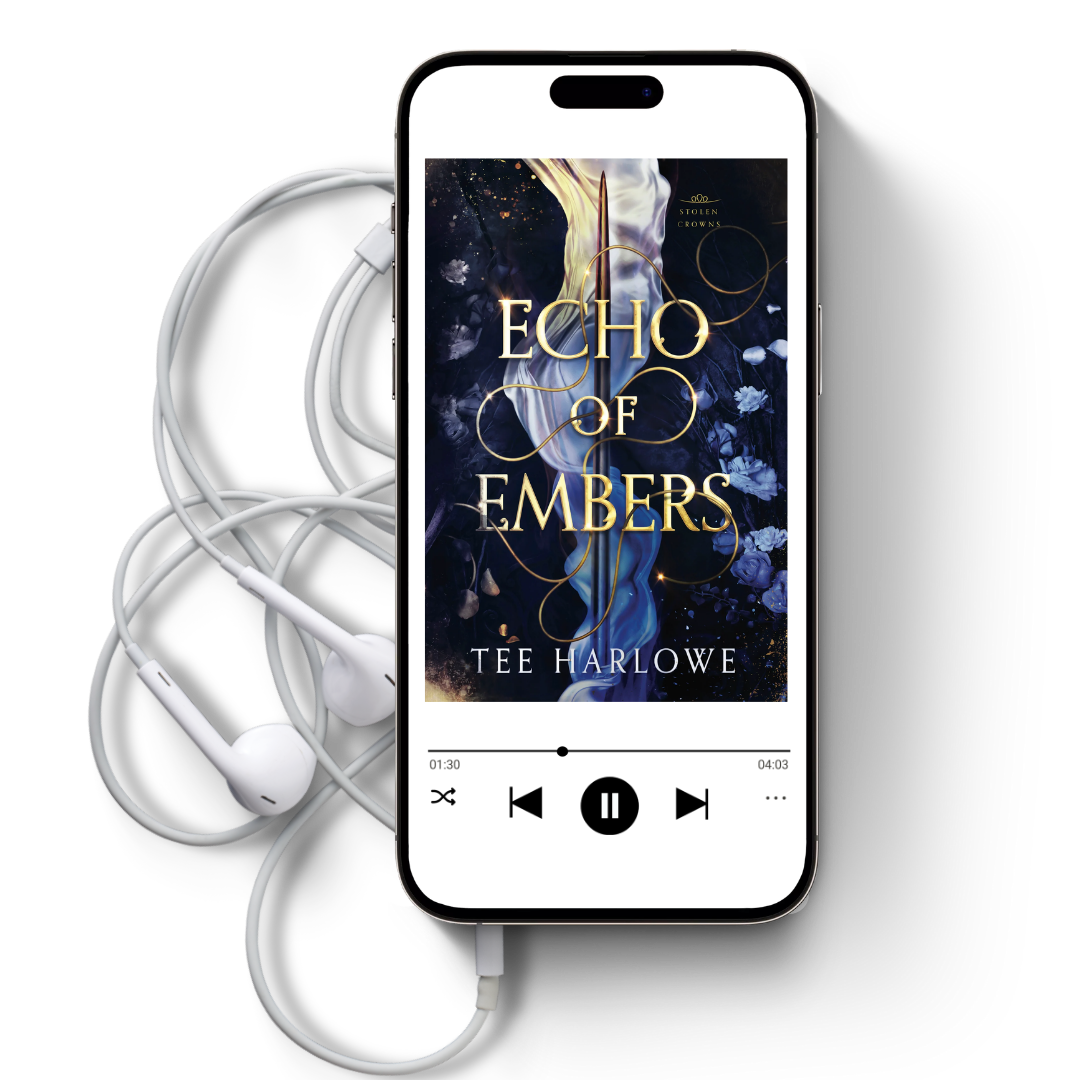 Phone displaying 'Echo of Embers' by Tee Harlowe with earphones on a white background