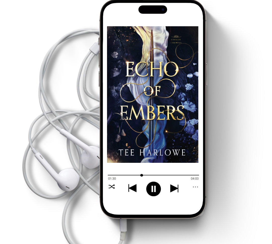 Phone displaying 'Echo of Embers' by Tee Harlowe with earphones on a white background