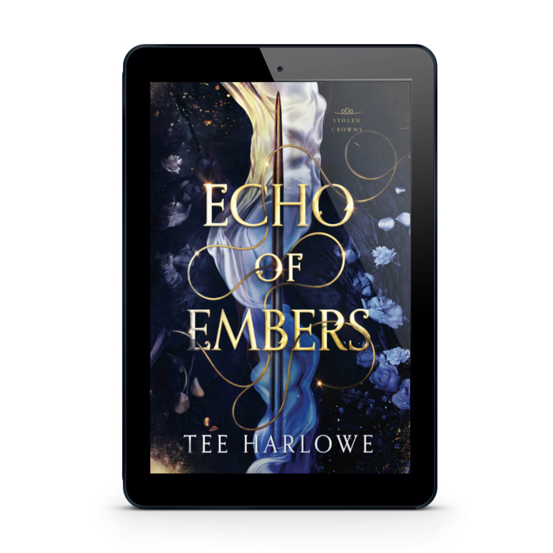 E-reader displaying the cover of 'Echo of Embers' by Tee Harlowe on a white background