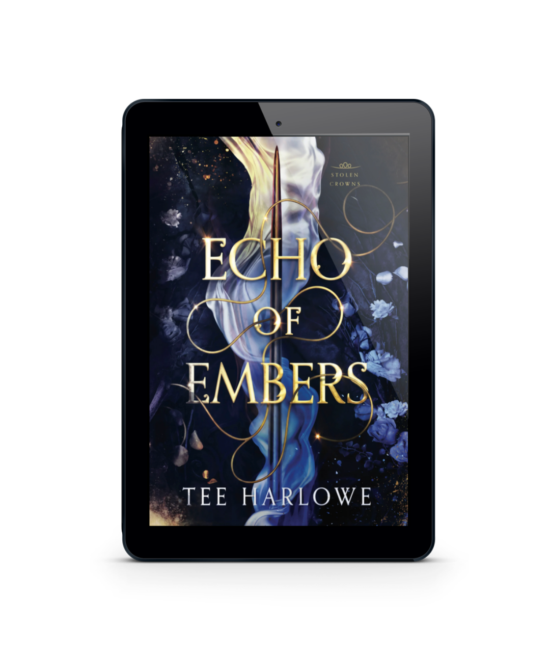 E-reader displaying the cover of 'Echo of Embers' by Tee Harlowe on a white background