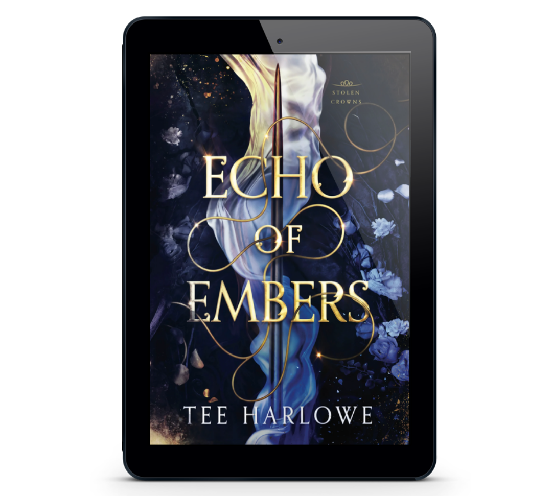 E-reader displaying the cover of 'Echo of Embers' by Tee Harlowe on a white background