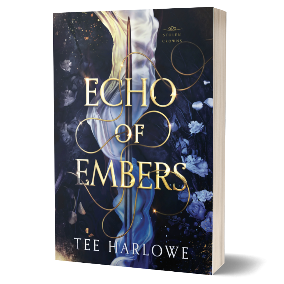 Book cover of 'Echo of Embers' by Tee Harlowe with a dark background and gold text.