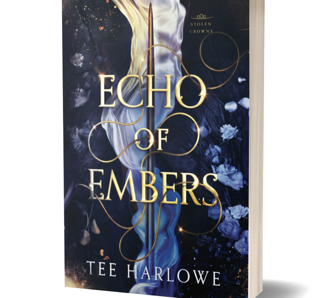 Book cover of 'Echo of Embers' by Tee Harlowe with a dark background and gold text.