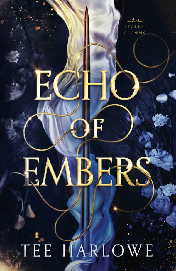 Book cover of 'Echo of Embers' with a sword and floral design on a dark background