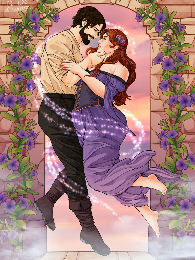Illustration of a couple embracing under a floral arch with a romantic background