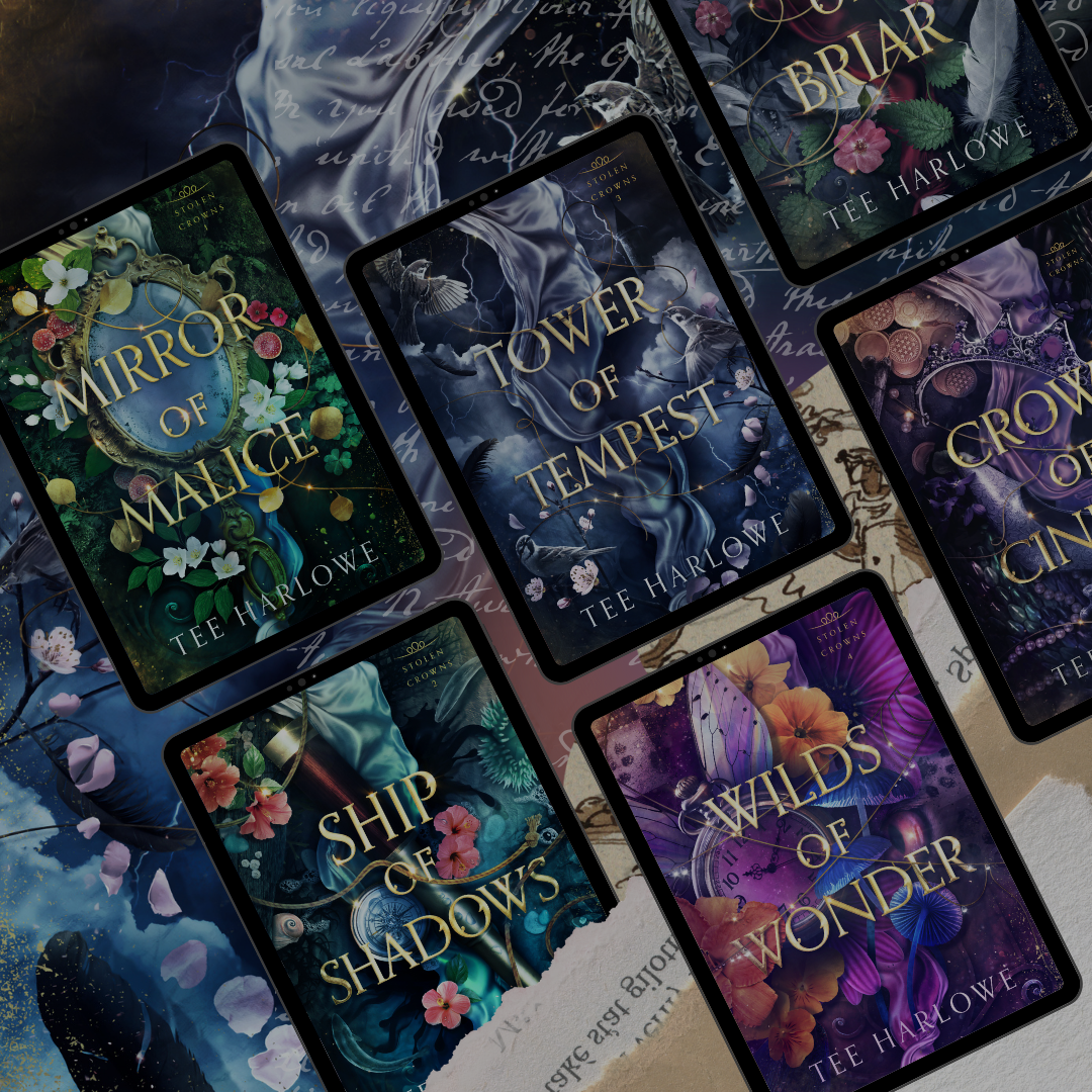 Collection of book covers with titles and author name on a textured surface