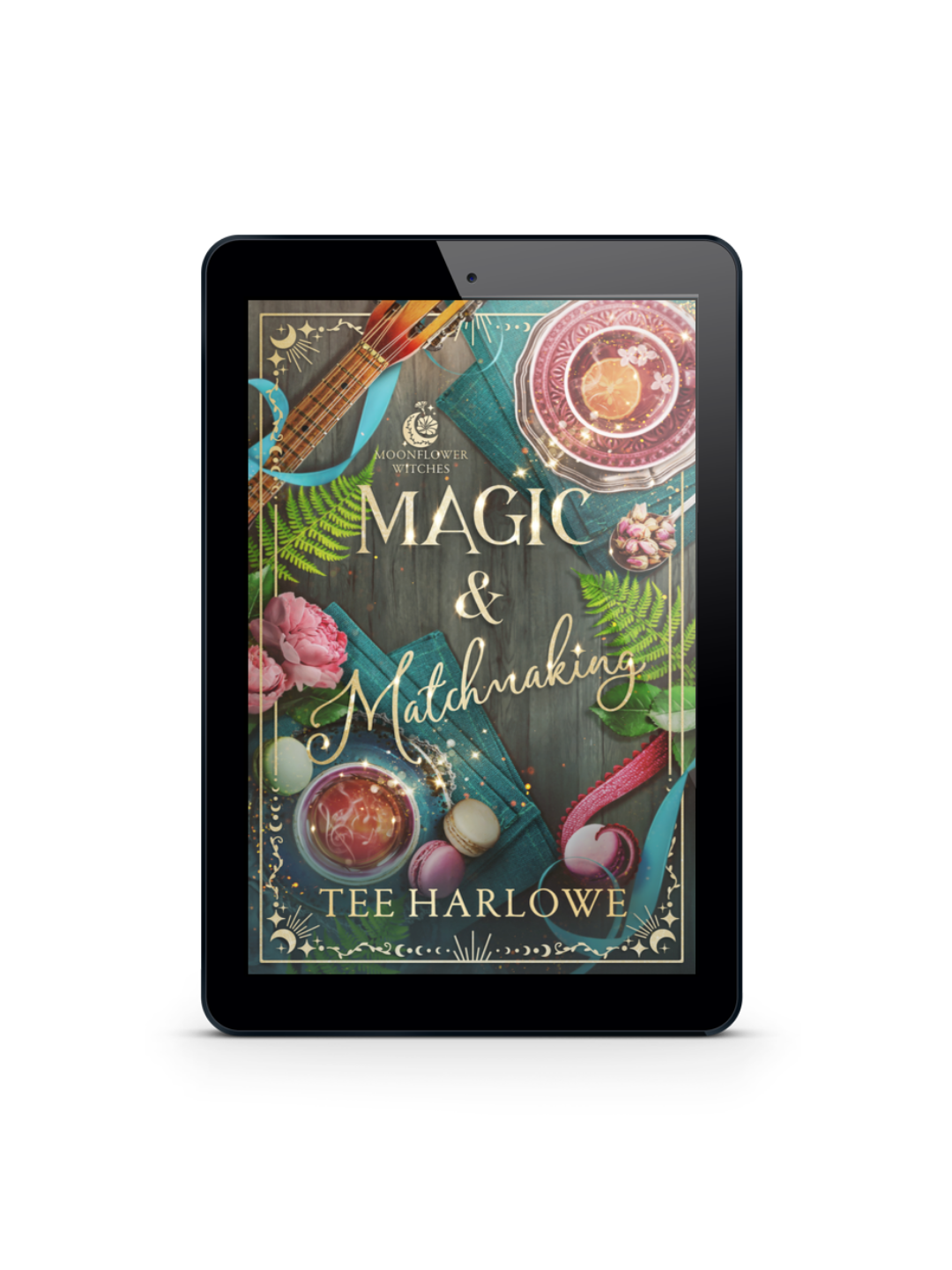 Tablet displaying the book cover of 'Magic & Matchmaking' by Tee Harlowe on a white background