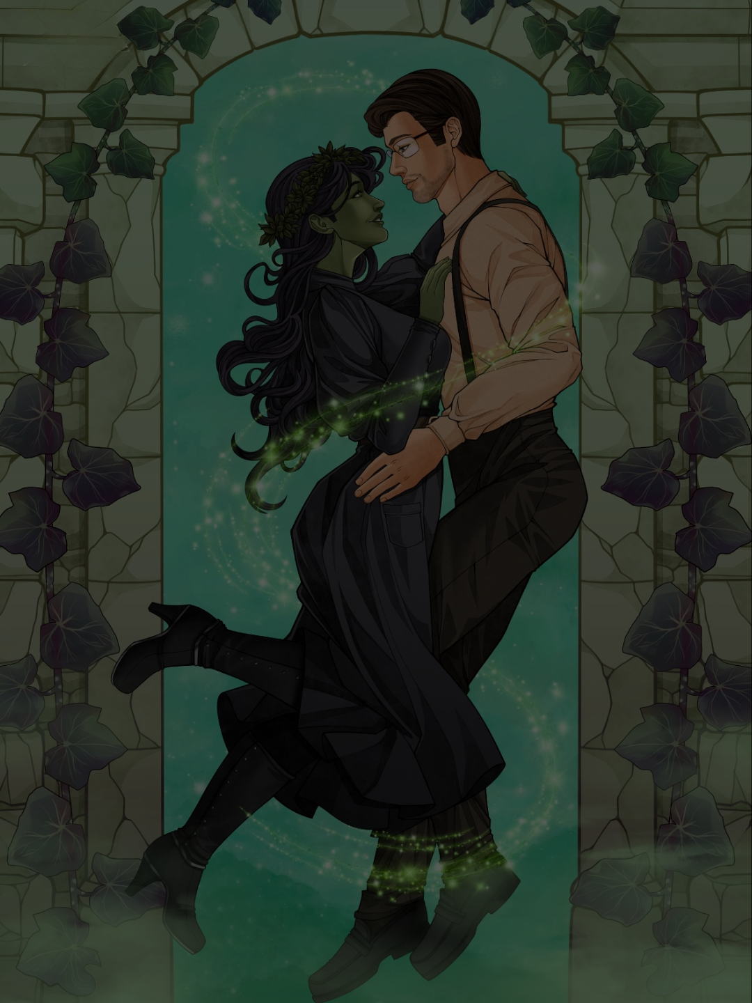 Illustration of a couple embracing with a decorative stone archway in the background