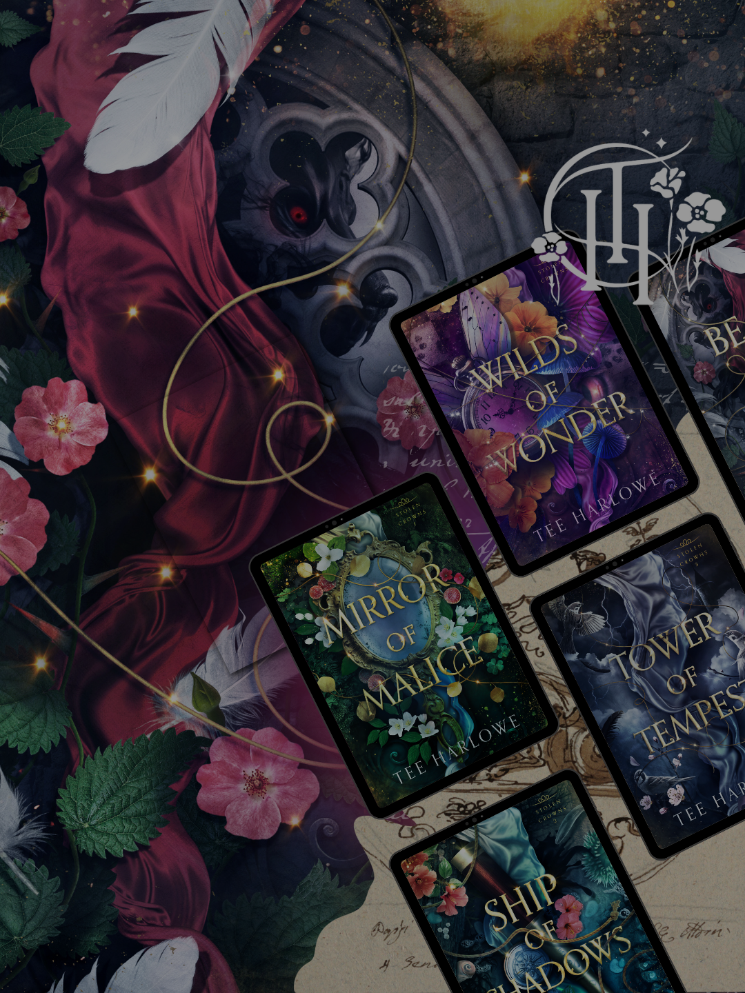 Collection of fantasy-themed books with decorative elements on a dark background