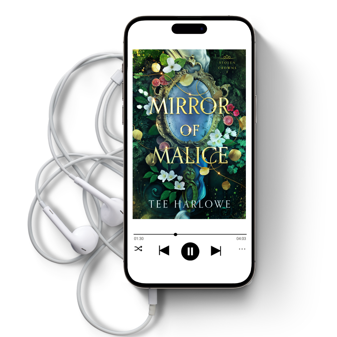 Phone displaying 'Mirror of Malice' by Tee Harlowe with earphones on a white background