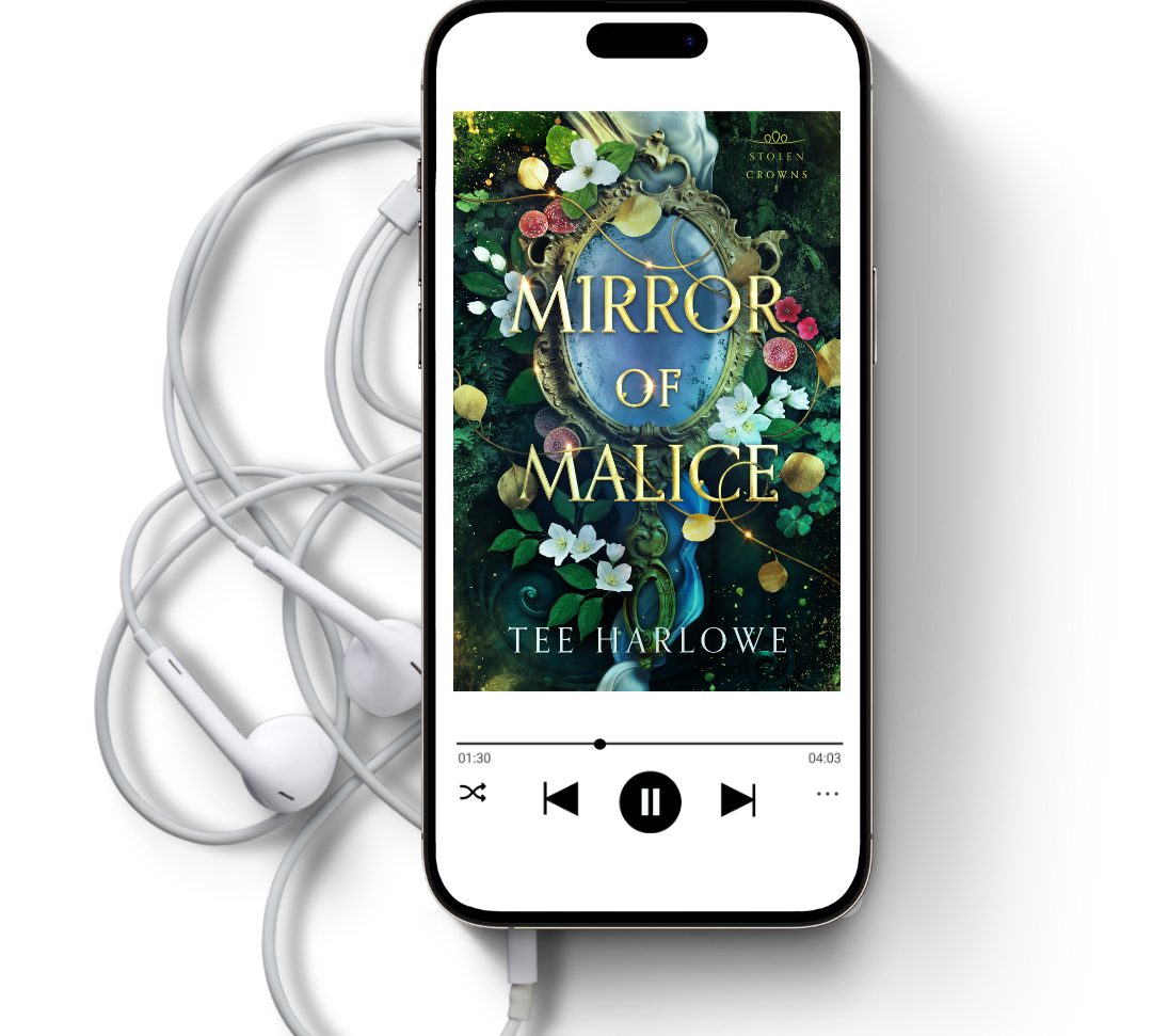 Phone displaying 'Mirror of Malice' by Tee Harlowe with earphones on a white background