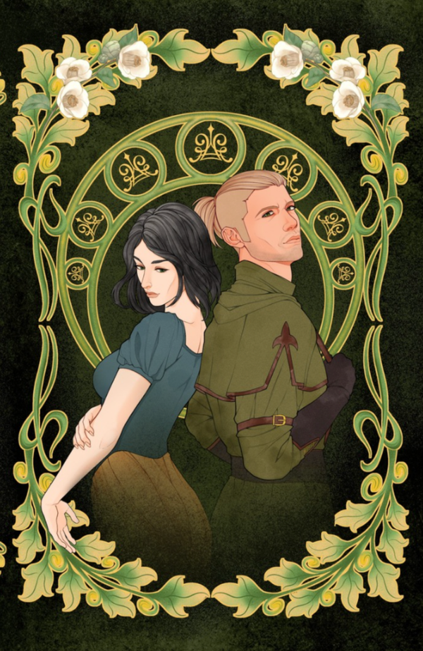 Illustration of a couple in a decorative frame with floral elements