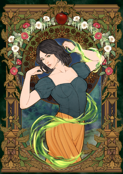 Artistic illustration of a woman with a green ribbon, framed by decorative elements and flowers.