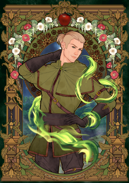 Illustration of a character with green energy, surrounded by flowers and decorative elements.