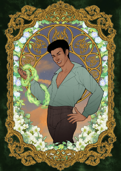 Animated character holding a green ring in an ornate frame with floral decorations