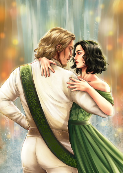 Illustration of a couple embracing with a magical, blurred background