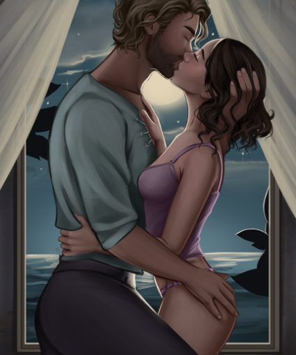 Illustration of a couple embracing with a scenic background