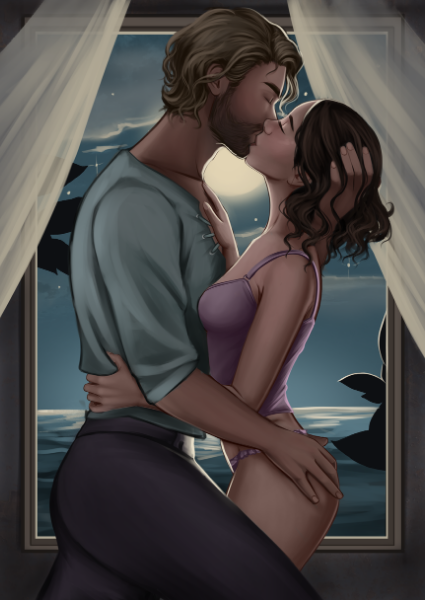 Illustration of a couple embracing with a scenic background