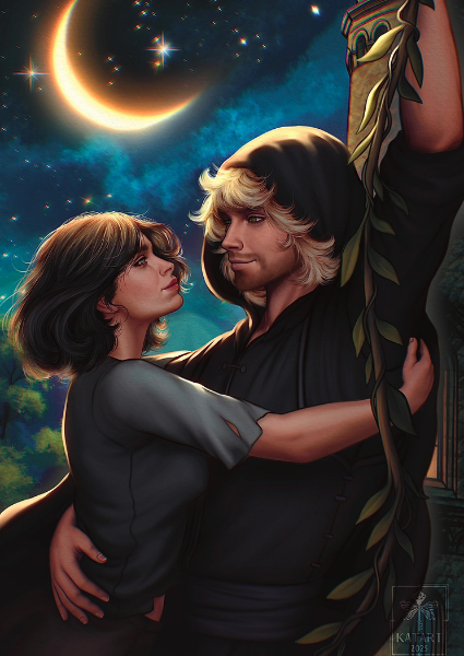 Two characters embracing with a cosmic background featuring a crescent moon.